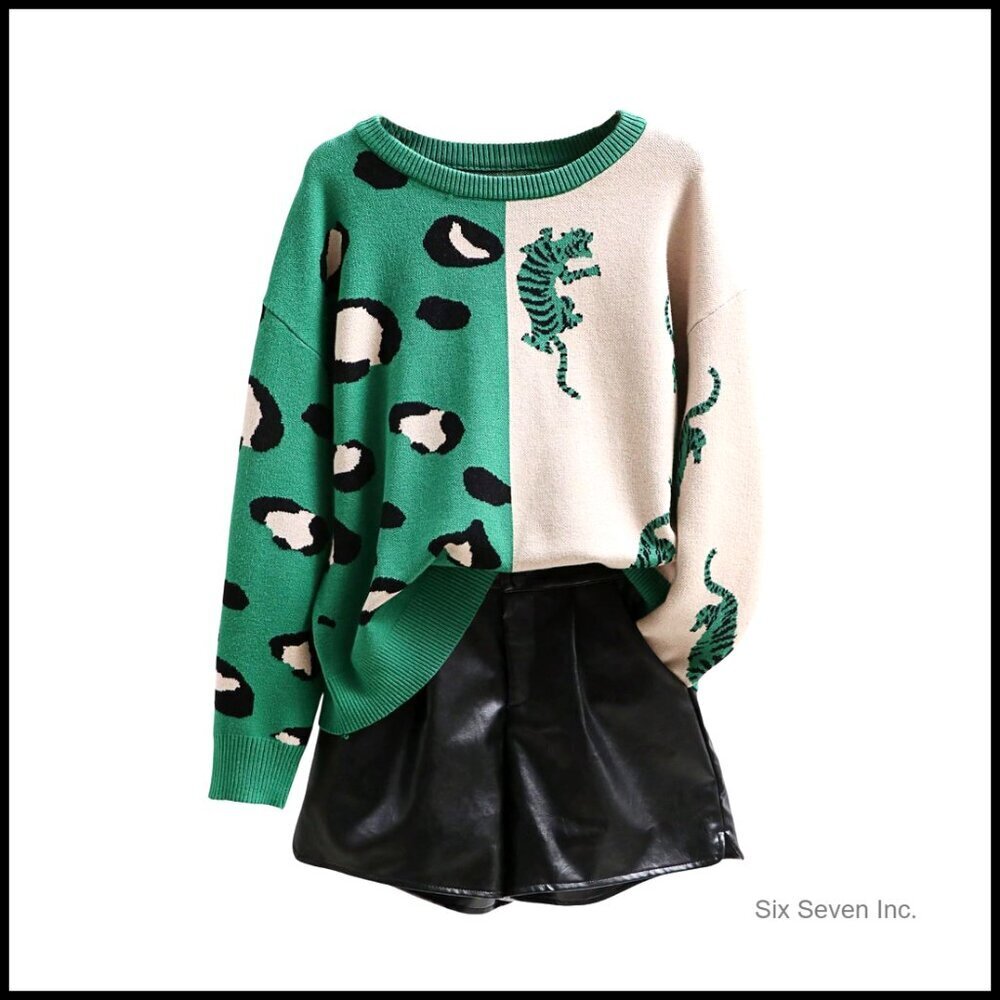 Leopard Print Pullover Sweater Color Block Crew Neck Long Sleeve Knit Top